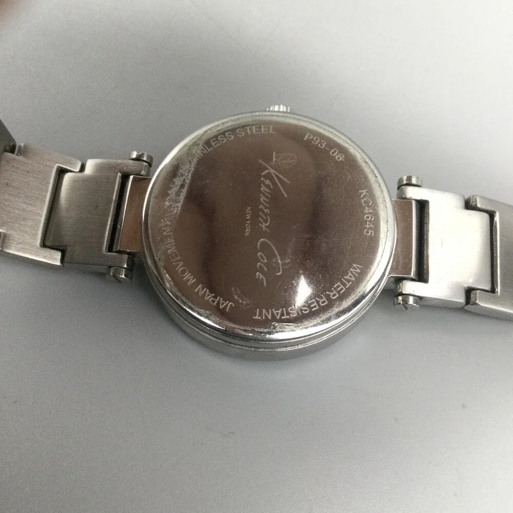 Kenneth Cole Womens Watch 30mm Silver Tone Bracelet Day Date New Battery 7.25